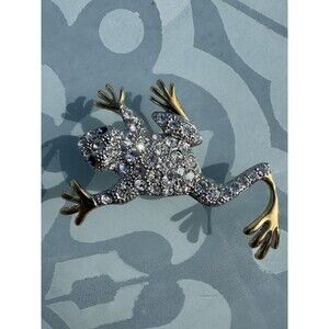 Vintage Rinestone Frog Brooch Silver And Gold Toned Blue Eyes Pin Amphibian